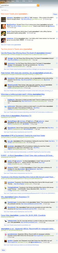 Suchergebnisse von Bing-Twitter: Oben die vier neuesten Treffer; darunter nach URL gruppiert die via Twitter meist verlinkten Seiten - Nebeneffekt: Website-Betreiber knnen so die Link-Popularitt der eigenen Seite feststellen.
Screenshot: Netzpresse