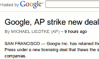 So sieht die AP-Meldung bei Google aus, die vermeldet, das Google AP-Meldungen verffentlichen darf.
Screenshot google.com 